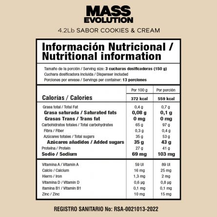 Mass Evolution Smart Nutrition 4 LB Cookies tabla 1